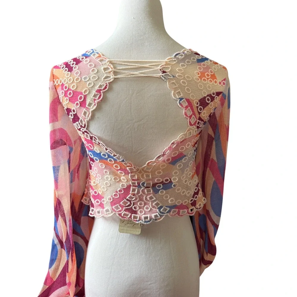 NEW Free People Eyes On You Lace Up Mesh Crop Top Bell Sleeve S Festival Fairy